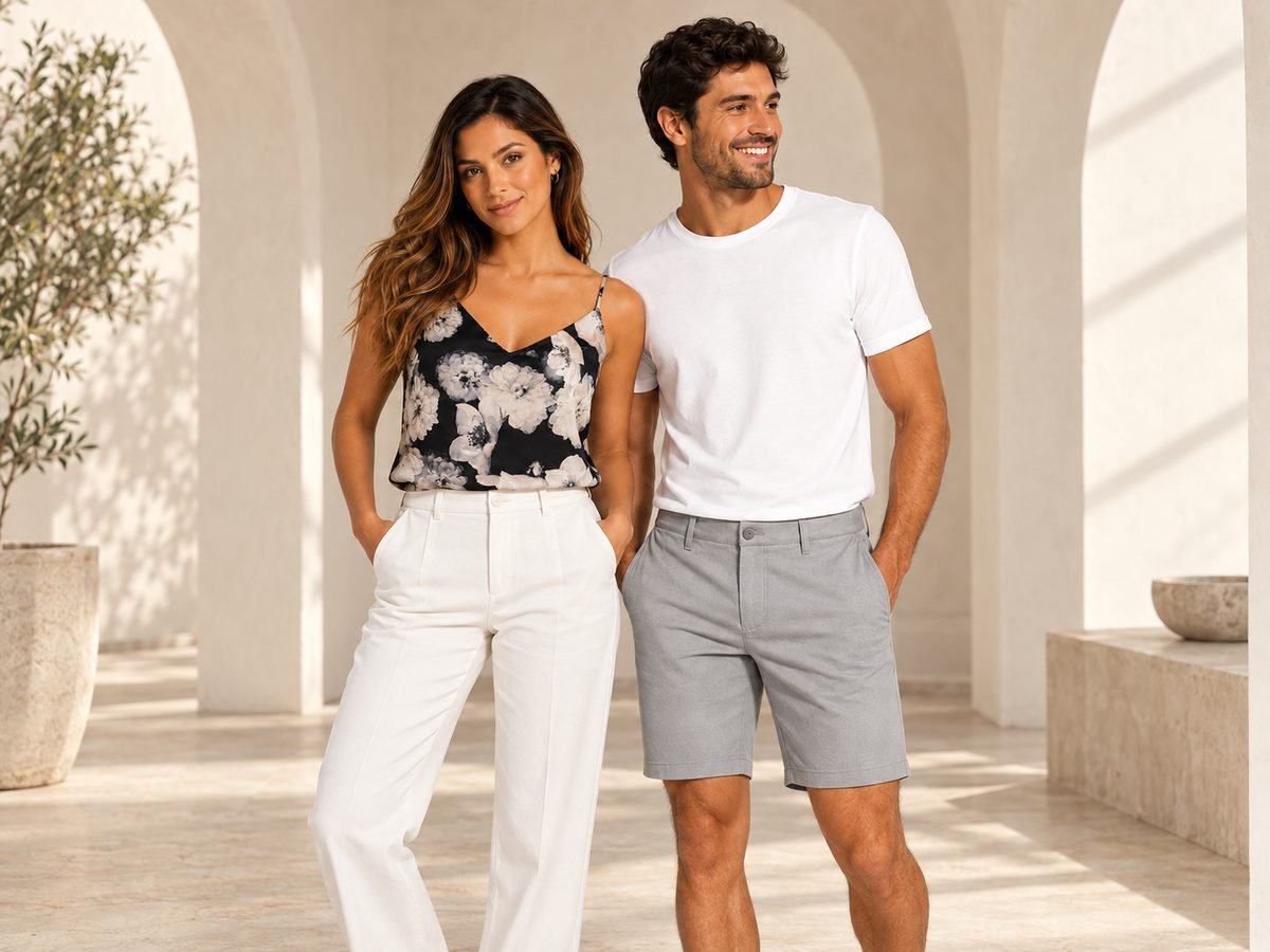 Casal vestindo peças no estilo Calvin Klein, blusa feminina e bermuda masculina