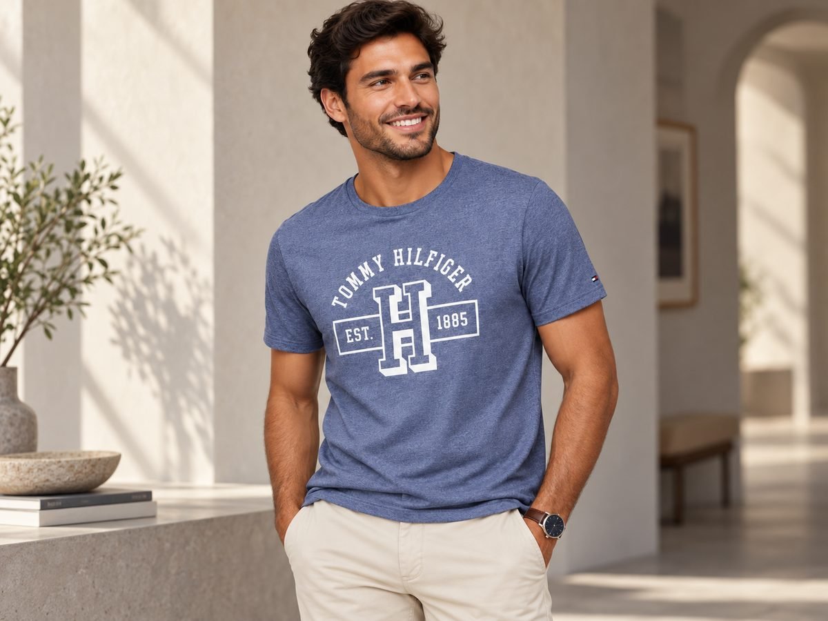 Modelo vestindo camiseta Tommy Hilfiger azul com estampa do logo
