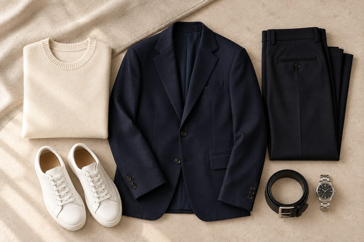 Composição de blazer, calça, suéter, tênis branco, cinto e relógio sobre superfície neutra