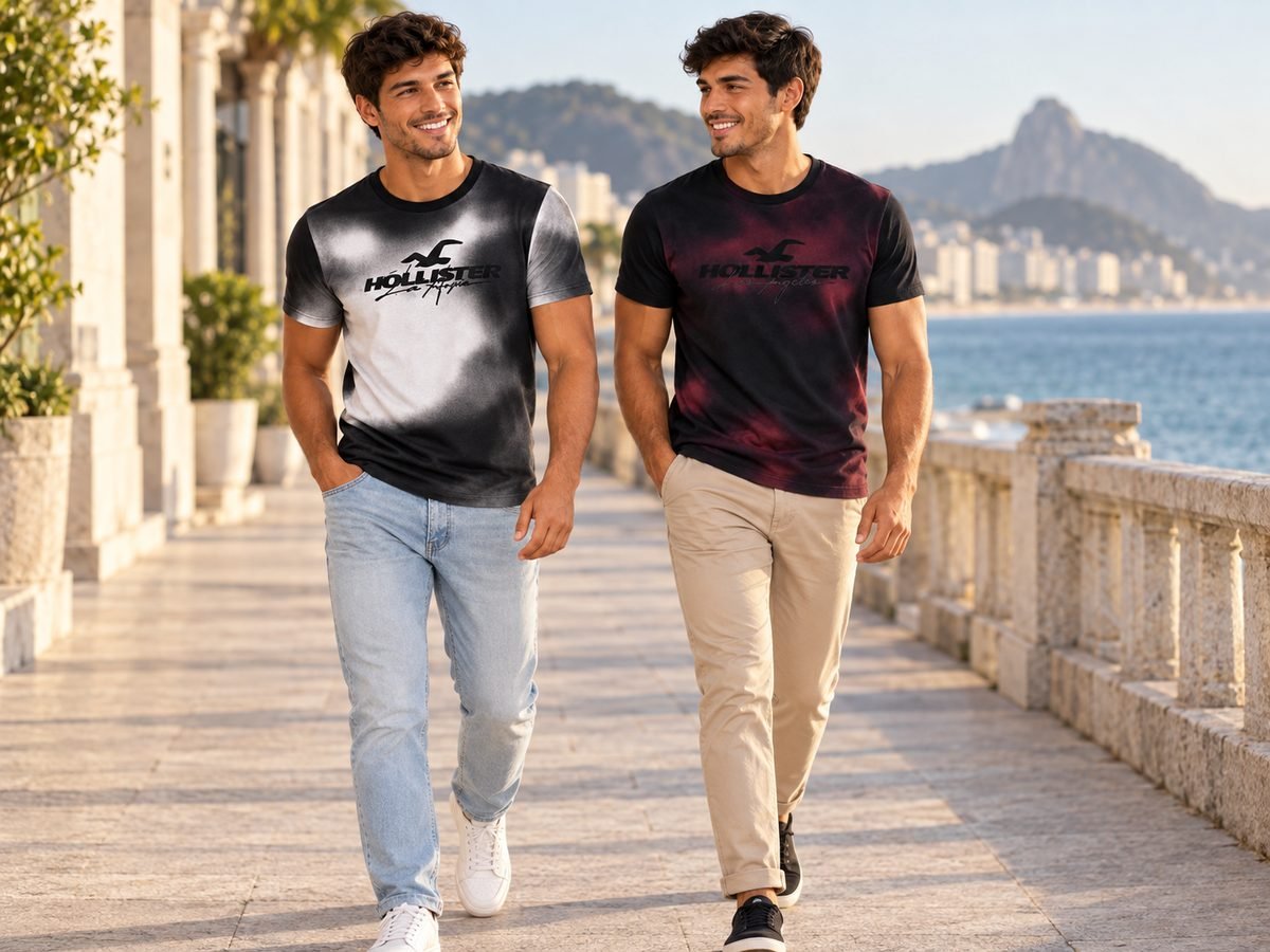 Dois modelos vestindo camisetas Hollister degradê caminhando à beira-mar
