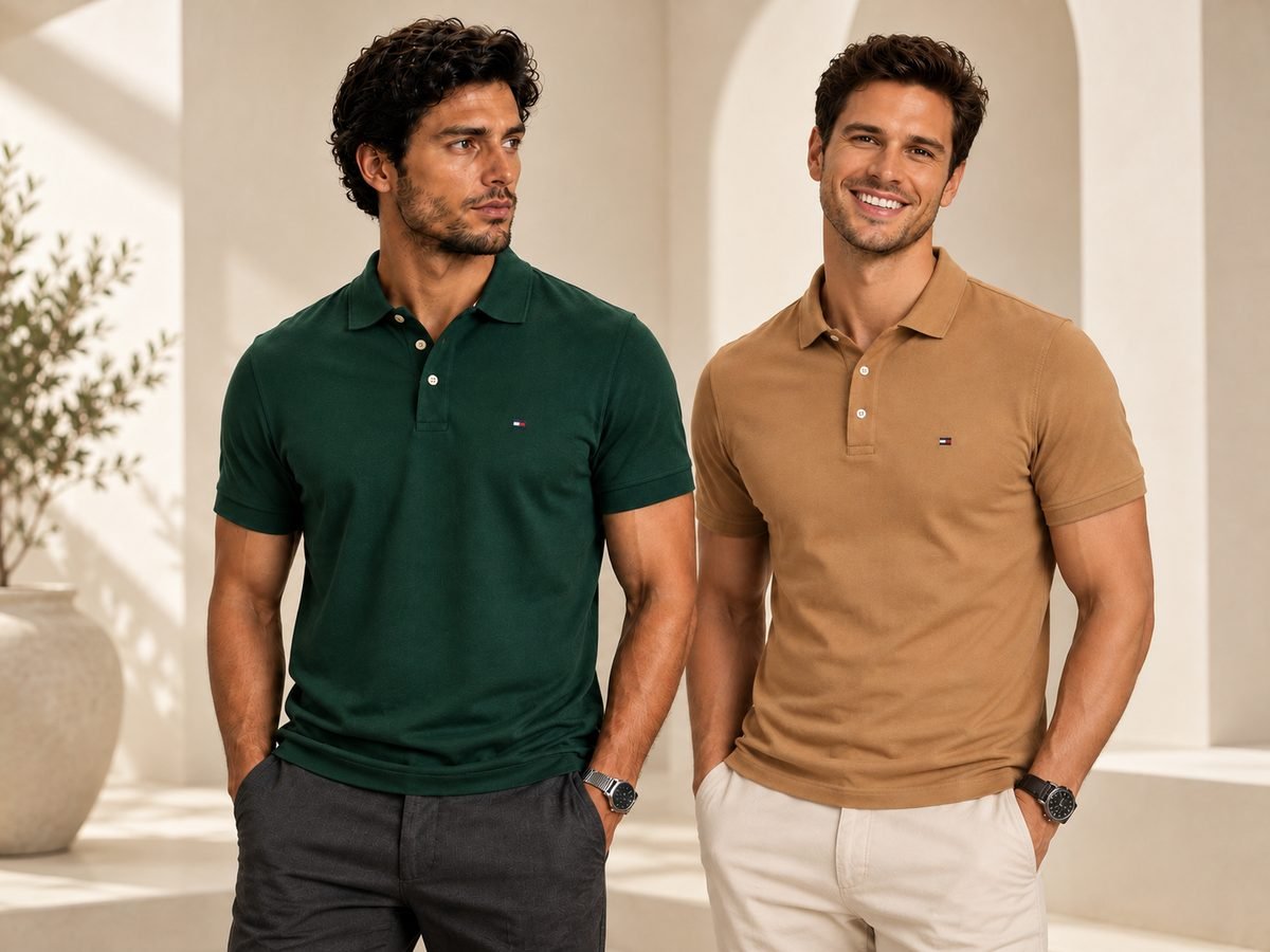 Dois modelos vestindo polo Tommy Hilfiger nas cores verde e caramelo