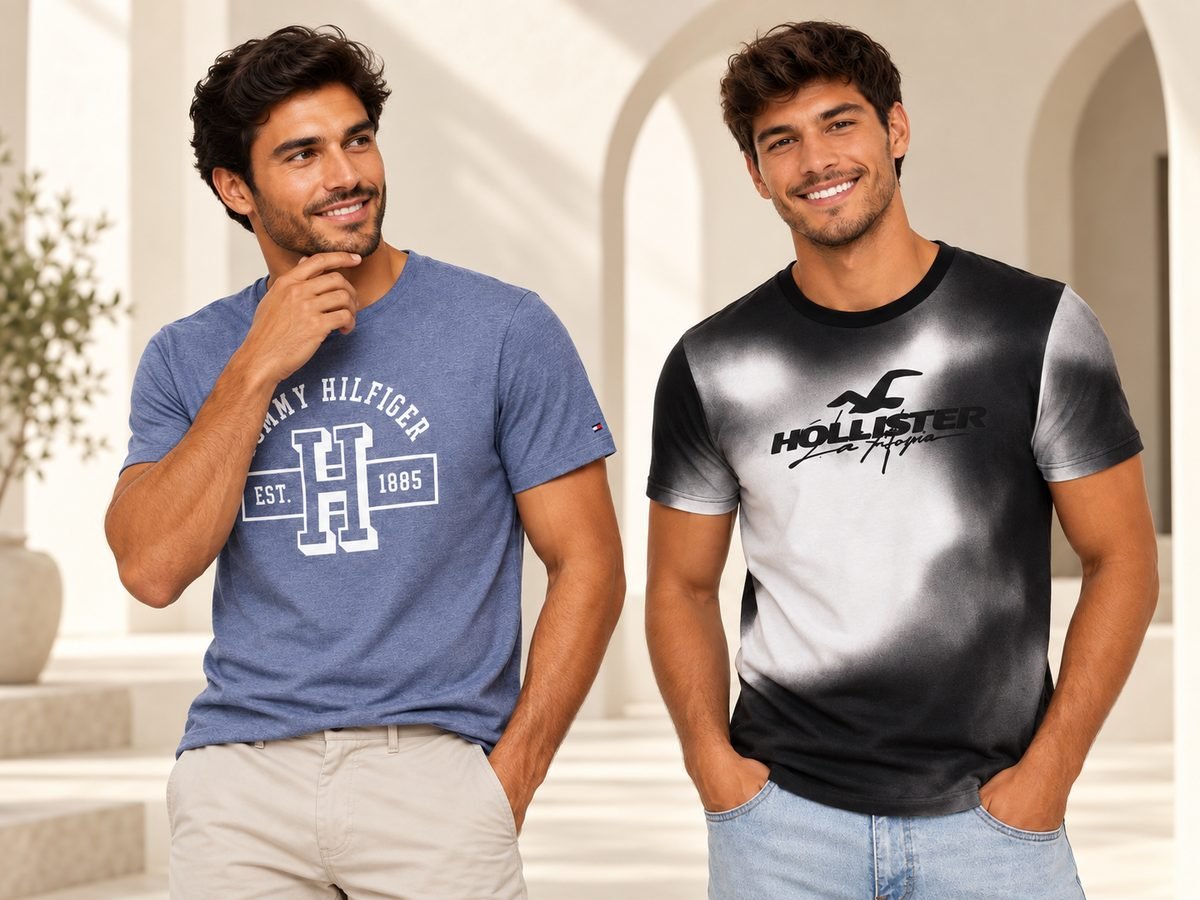 Dois modelos vestindo camiseta Tommy Hilfiger e camiseta Hollister lado a lado