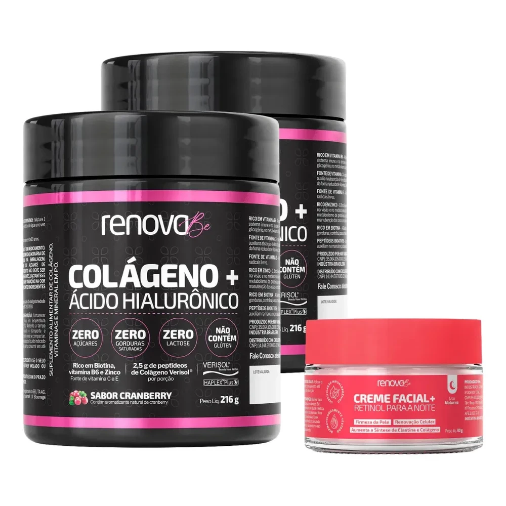 Kit 2x Colágeno + Ácido Hialurônico Renova Be c/ Creme Facial