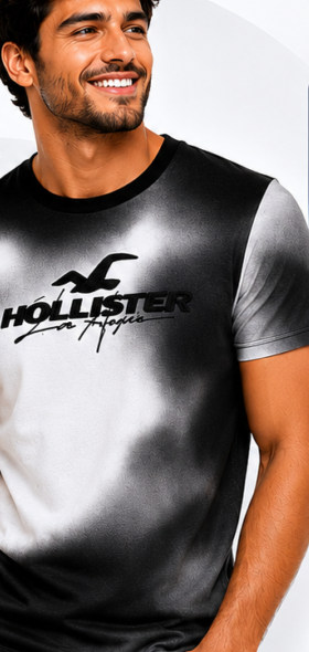 Homem usando camiseta Hollister degradê branca e preta