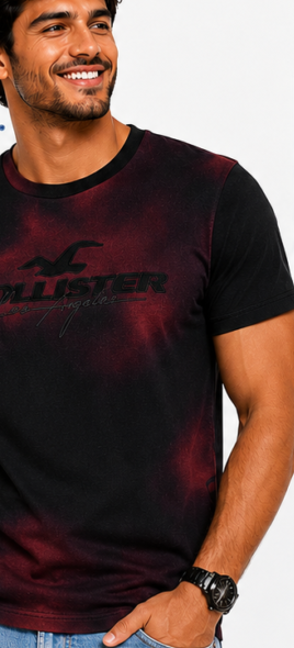 Homem usando camiseta Hollister degradê preta e vinho