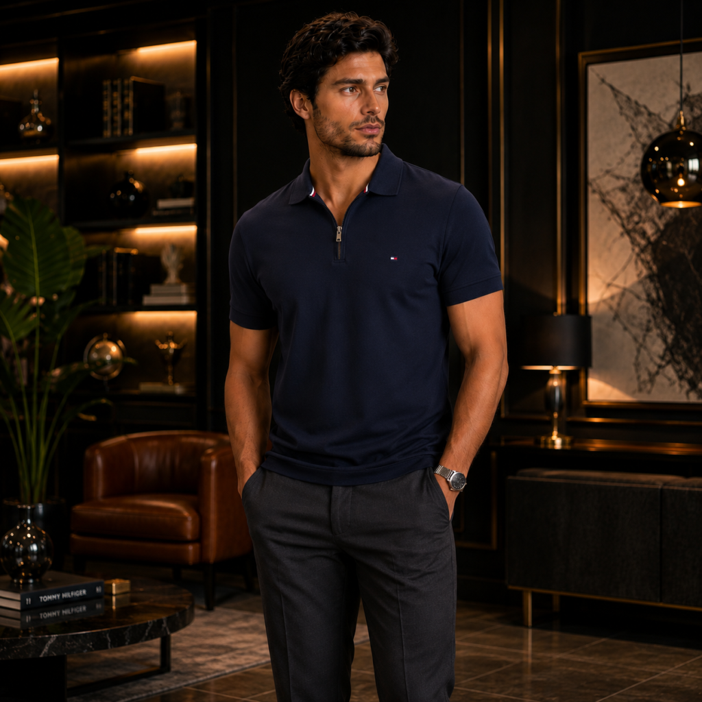 Homem usando polo Tommy Hilfiger Regular Fit azul