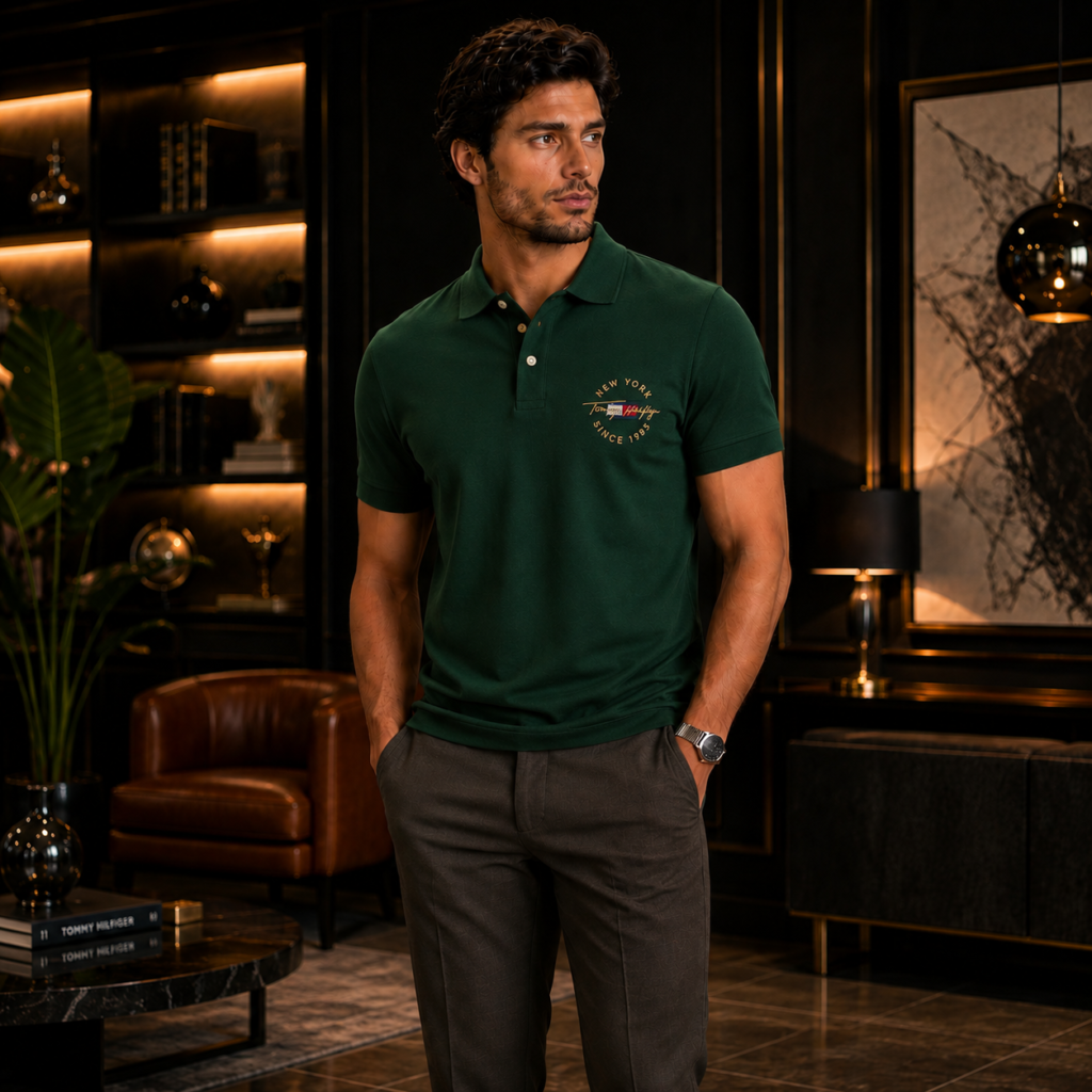 Homem usando polo Tommy Hilfiger Regular Fit verde