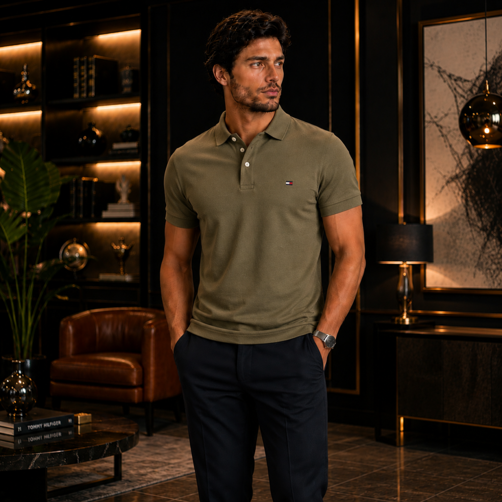 Homem usando polo Tommy Hilfiger Slim Fit verde